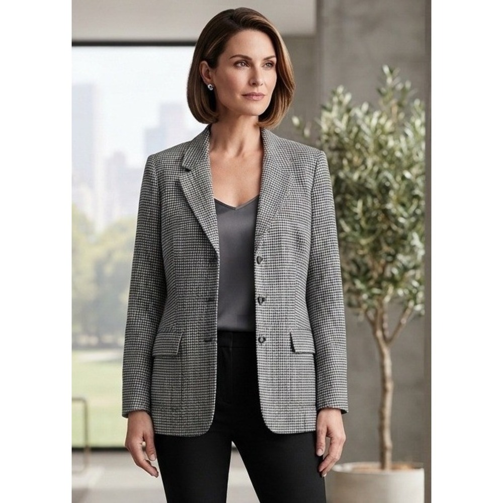 VTG Lands End Wool Cashmere Houndstooth Blazer Jacket Women's 12 Black White USA